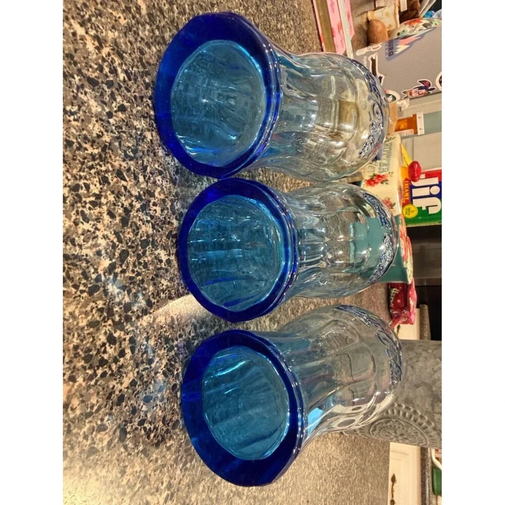 Vtg Coca-Cola Rare Cobalt Blue Ribbed Contour Shape Glasses with Embossed Script